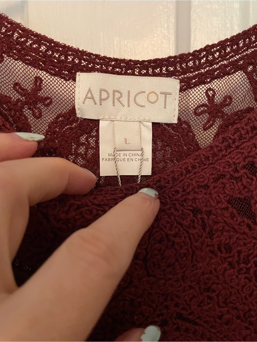 Apricot Lace Crochet Long-Sleeve Top in Burgundy NWT - Picture 4 of 9